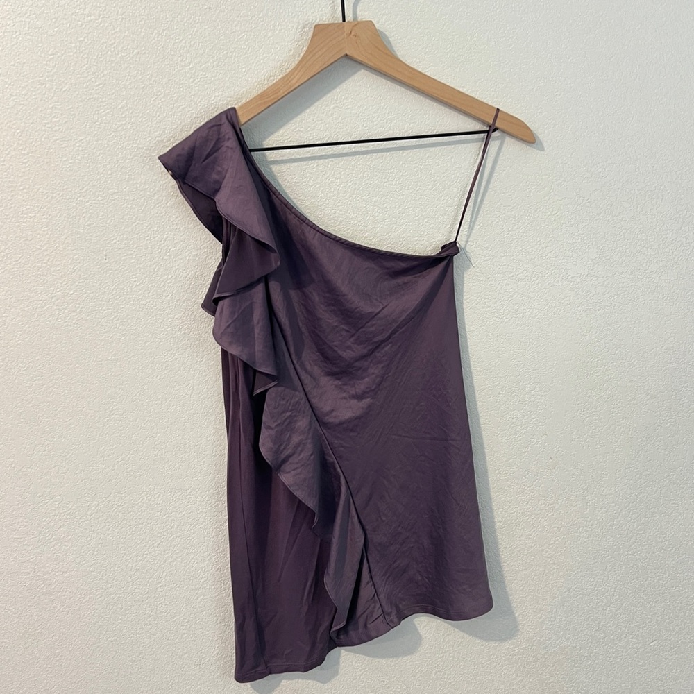 The Limited Purple Satin Ruffle Front‎ Knit Back One Shoulder Blouse Size S